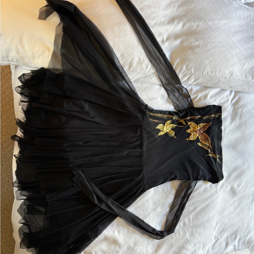 Chic Black Dress with Gold Floral Design
